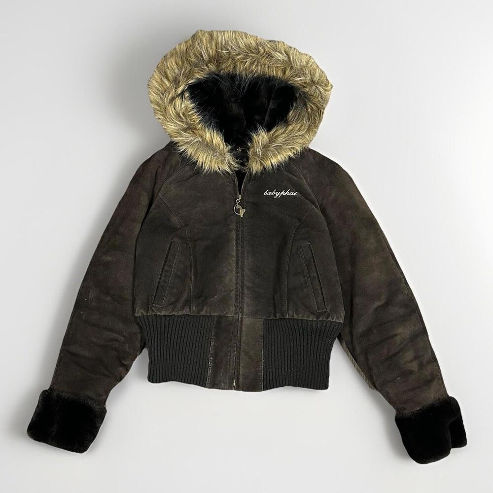 VTG Y2K Baby Phat BROWN Suede Leather Fur Hood Wolf Jaw Zip-up Cropped Jacket XL